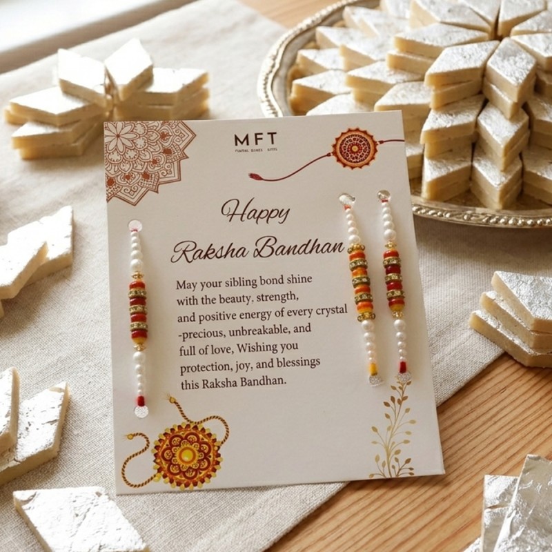 Set of 3 Designer Rakhi with Kaju Katli