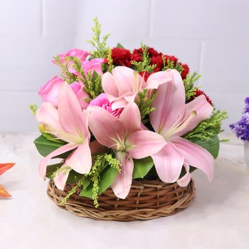 5 Red Gerberas with 6 Pink Roses and 3 Asiatic Pink Lilies in a Basket