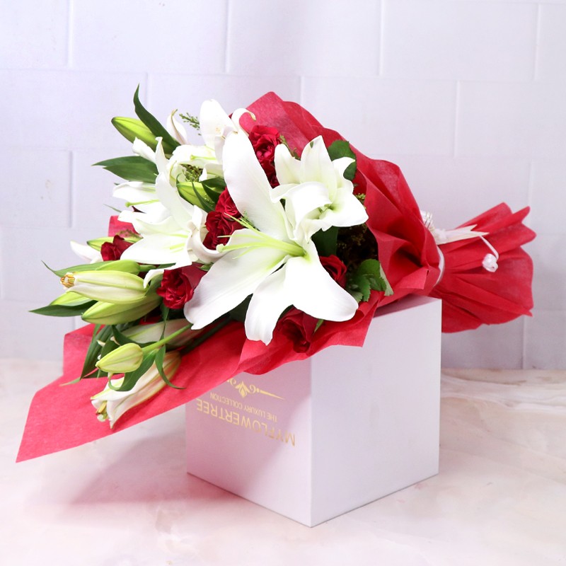 15 Red Roses and 4 Oriental White Lilies Bunch