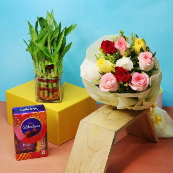 Lucky Bamboo with Roses Bouquet