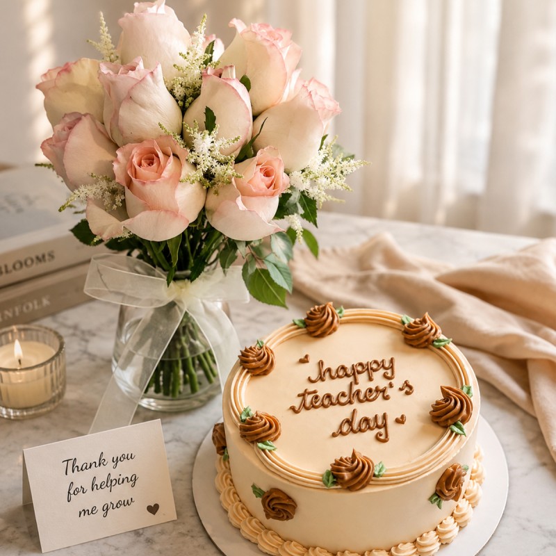 Pink Roses with Cake for Teachers Day