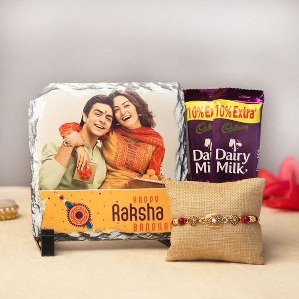 Set of One Designer Rakhi with Personalised Photo Stone and 2 Dairy Milk Chocolate