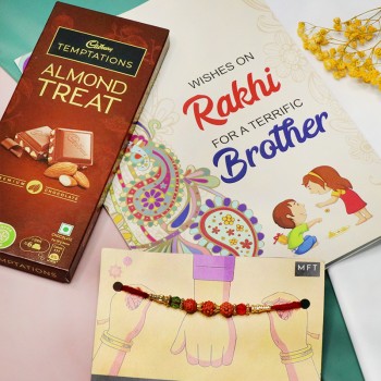 Rudraksh Rakhi With Rakhi Card and Temptation Chocolate