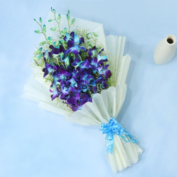 6 Blue Orchids wrapped in Cellophane Packing