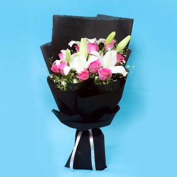 10 Pink Roses with 5 White Asiatic Lilies