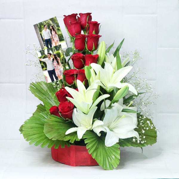 2 White Asiatic Lilies with 14 Red Roses and 3 Personalised Photos