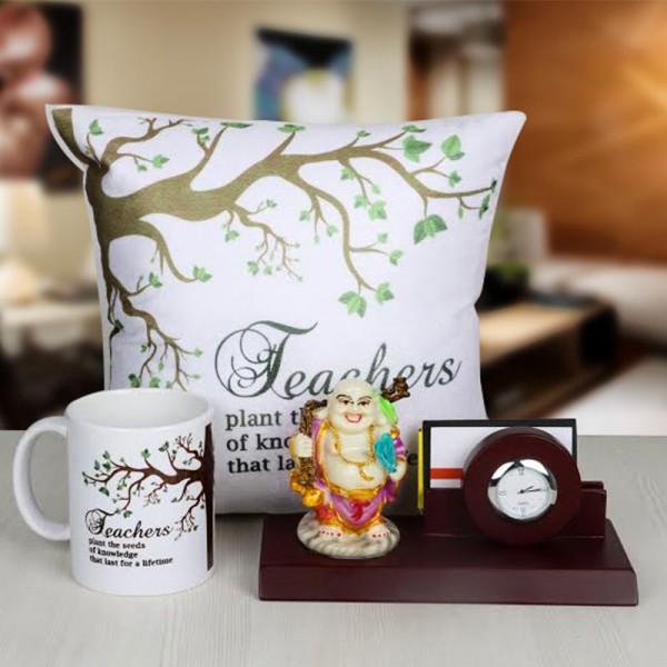 Ganesha with Table Pen Stand and Watch along with Cushion and Mug for Teacher